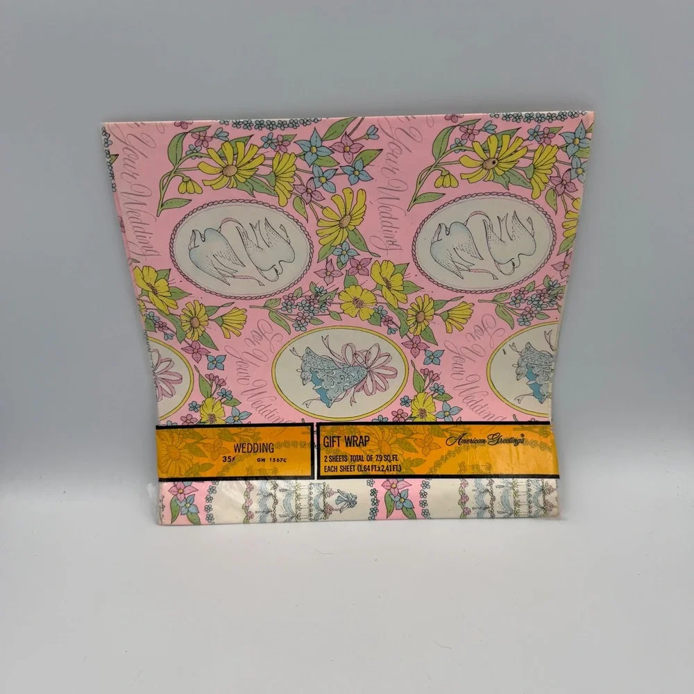 Vintage American Greetings Wedding Gift Wrap 2 Sheets Doves Floral Pink GW 1567C